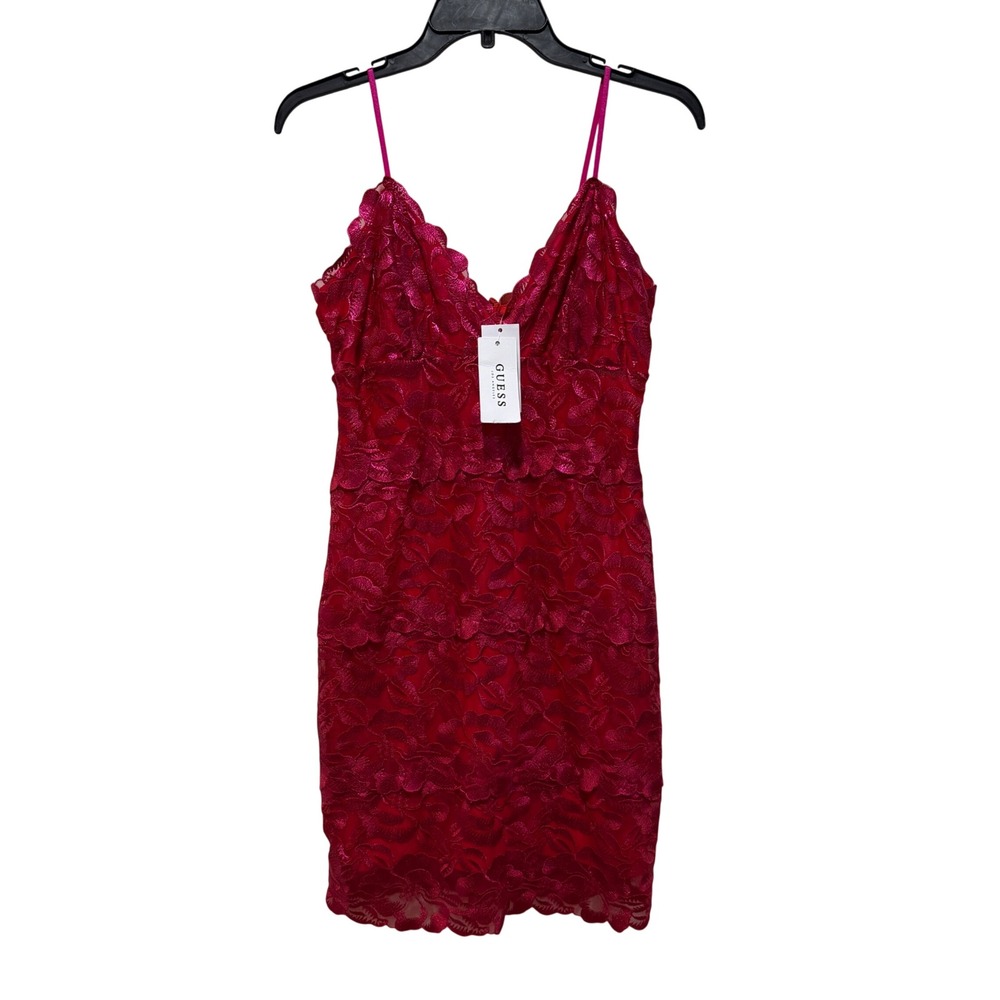 GUESS Pink Red Floral Lace Scalloped Trim‎ Spaghetti Strap Mini Dress M Party